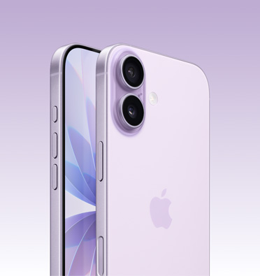iPhone 17 in Lavender finish, partial screen display and side angle shows Action button, volume buttons and side button Back exterior shows Dual Fusion camera system in top left corner