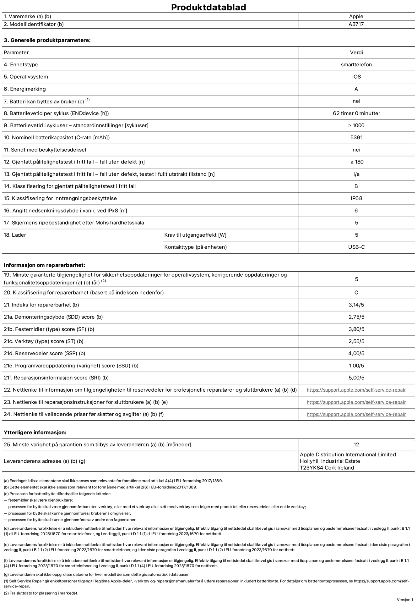 Produktdatablad for iPhone 18 Pro Max – modell A3717. Levert av Apple Distribution International Limited, Hollyhill Industrial Estate. Cork, Irland, T23 YK84. Enhetstype: smarttelefon. Operativsystem: iOS. Energieffektivitetsklasse: A. Batteriet kan byttes av brukeren: nei. Batteriets holdbarhet per ladesyklus: 62 timer. Batteriets holdbarhet i antall ladesykluser – standardinnstillinger: større enn eller lik 1000. Nominell batterikapasitet: 5391 mAh Leveres med beskyttelsesdeksel: nei. Holdbarhetstest ved gjentatte fall – antall fall uten feil: større enn eller lik 180. Holdbarhetstest ved gjentatte fall – antall fall uten feil i helt utfoldet tilstand: ikke relevant. Holdbarhetsklasse ved gjentatte fall: B. Kapslingsgrad: IP68. Angitt nedsenkingsdybde i vann ved IPx8: 6 meter. Skjermens ripefasthet på Mohs skala: 5. Krav til laderens utgangseffekt: 5 watt. Laderens stikkontakt (på enhetssiden): USB-C. Minstegaranti for tilgang på sikkerhetsoppdateringer, feilrettinger og funksjonsoppdateringer til operativsystemet: 5 år. Reparerbarhetsklasse: C. Reparerbarhetsindeks: 3,14/5. Demontering: 2,75/5. Festeanordninger: 3,80/5. Verktøy: 2,55/5. Reservedeler: 4,00/5. Programvareoppdateringer: 1,00/5. Informasjon om reparasjon: 5,00/5. Lenke til informasjon om tilgjengelighet av reservedeler for profesjonelle reparatører og sluttbrukere: https://support.apple.com/self-service-repair. Lenke til reparasjonsveiledning for sluttbrukere: https://support.apple.com/self-service-repair. Lenke til veiledende priser ekskl. mva: https://support.apple.com/self-service-repair. Produktet omfattes av en 12-måneders generell garanti.