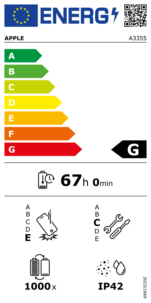 EU-energimærke, QR-kode og information, Apple-model A3355, klasse G, energieffektivitetsklasser (med en skala fra A til G), A (mest effektiv) til G (mindst effektiv), batteriholdbarhed pr. cyklus: 67 timer og 0 minutter pr. fuld batteriopladning, klasse E for holdbarhed ved gentagne frie fald, A (mest robust) til E (mindst robust), klasse C for reparerbarhed, A (mest reparerbar) til E (mindst reparerbar), batteriholdbarhed på 1000 cyklusser, IP-klassificering for støv- og vandbeskyttelse: IP42, forordning 2023/1669
