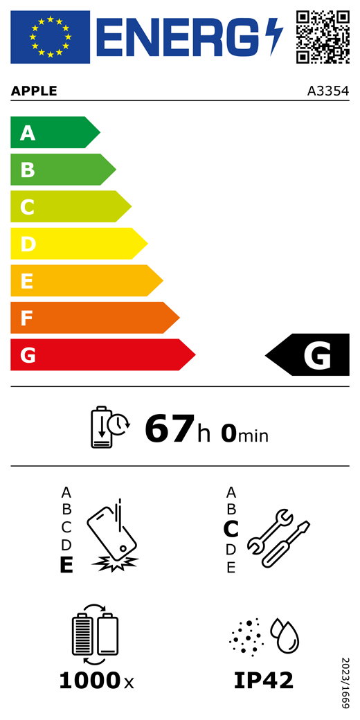 EU-energimærke, QR-kode og information, Apple-model A3354, klasse G, energieffektivitetsklasser (med en skala fra A til G), A (mest effektiv) til G (mindst effektiv), batteriholdbarhed pr. cyklus: 67 timer og 0 minutter pr. fuld batteriopladning, klasse E for holdbarhed ved gentagne frie fald, A (mest robust) til E (mindst robust), klasse C for reparerbarhed, A (mest reparerbar) til E (mindst reparerbar), batteriholdbarhed på 1000 cyklusser, IP-klassificering for støv- og vandbeskyttelse: IP42, forordning 2023/1669