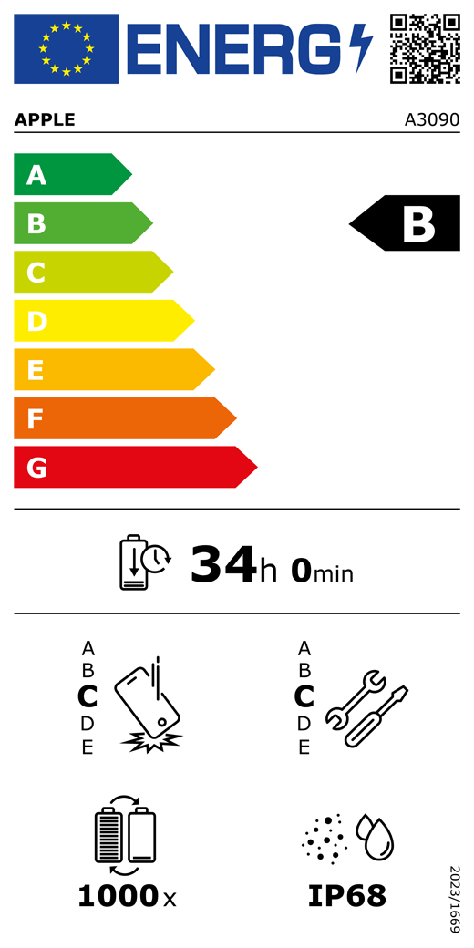 Étiquette énergétique de l’UE, code QR et informations, modèle Apple A3090, classe B, classes d’efficacité énergétique (échelle allant de A à G), A (la plus élevée) à G (la plus basse), endurance de la batterie par cycle, 34 heures et 0 minute par charge complète de la batterie, résistance aux chutes répétées de classe C, A (plus résistante) à E (moins résistante), réparabilité de classe C, A (plus réparable) à E (moins réparable), endurance de la batterie de 1 000 cycles, indice de protection IP68 pour la poussière et l’eau, règlement 2023/1669.