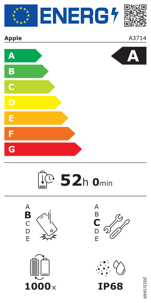 Etiqueta energética da UE, código QR e informações, modelo A3714 da Apple, classe A, classes de eficiência energética (na escala de A a G), A (mais eficiente) a G (menos eficiente), autonomia da bateria por ciclo, 52 horas e 0 minutos por carga completa da bateria, classe B de fiabilidade em quedas livres sucessivas, A (mais robusto) a E (menos robusto), classe C de reparabilidade, A (mais reparável) a E (menos reparável), 1000 ciclos de autonomia da bateria, classificação IP68 de proteção contra a entrada de pó e água, regulamento 2023/1669.