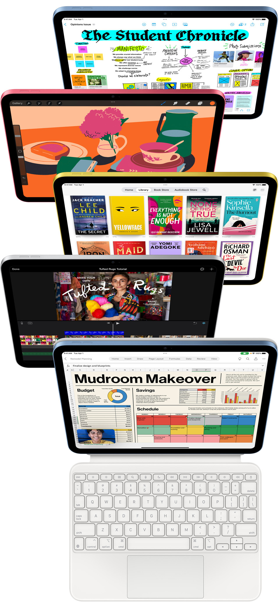 iPad-skærme vist forfra med en række forskellige apps, bl.a. Freeform, ProCreate, Books, iMovie og Microsoft Excel med Webex Meetings.
