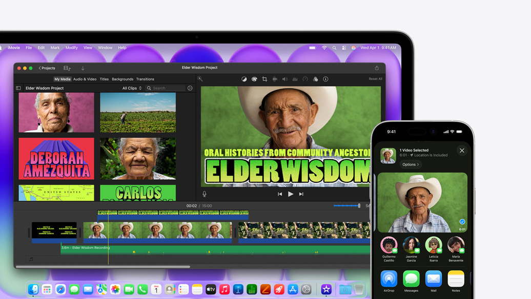 MacBook Neo, kleur Zilver, met een iMovie-venster met de titel Elder Wisdom Project op het scherm, ernaast een iPhone met een video van een van de mensen in het iMovie-venster, onder de video staat een lijst met deelopties, waaronder AirDrop