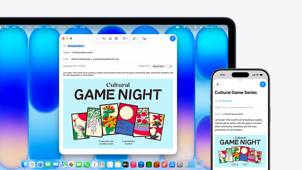 MacBook Neo, kleur Indigo, naast iPhone, beide schermen tonen dezelfde e-mail over een evenement in een gemeenschapscentrum