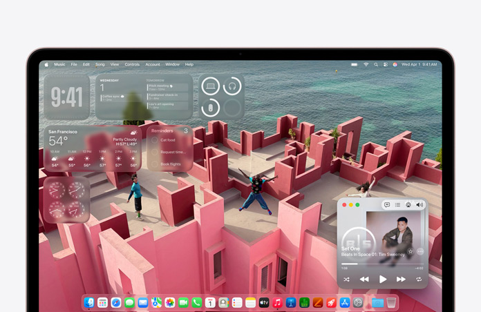 MacBook Neo-scherm met een aangepaste bureaubladachtergrond van een dakterras met uitzicht op zee en verschillende widgets op het scherm, waaronder Muziek, Agenda, Weer en Herinneringen