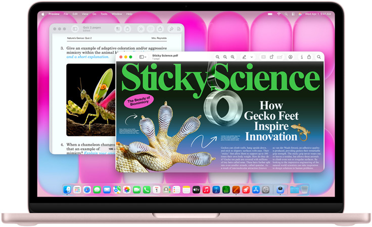 MacBook Neo, kleur Blos, op het scherm staat een artikel over biomimicry en een quiz over een soortgelijk onderwerp