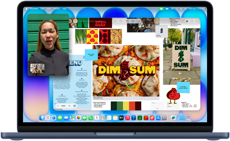 MacBook Neo, kleur Indigo, videogesprek op het scherm, Freeform-venster met een menu, foto’s van eten en illustraties voor een dimsumrestaurant
