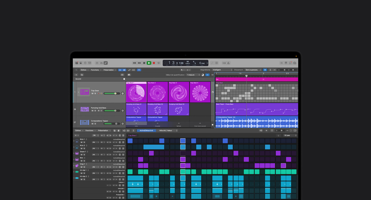 MacBook Pro 16 screen showing Logic Pro mixing board with purple and pink squares representing different audio layers and sounds, and beat making tools with different color blocks representing different percussion instruments at the bottom.
