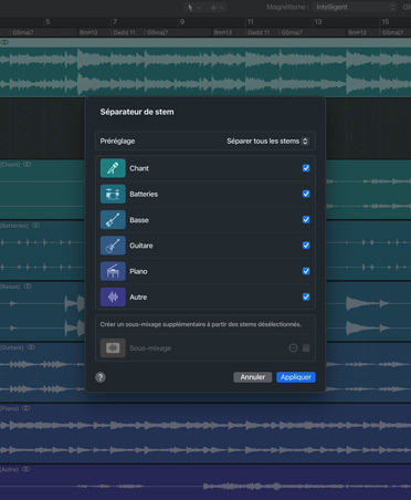 Interface Logic Pro, Séparateur de stem avec des options pour les voix, la basse, la batterie, la guitare, le piano et d’autres