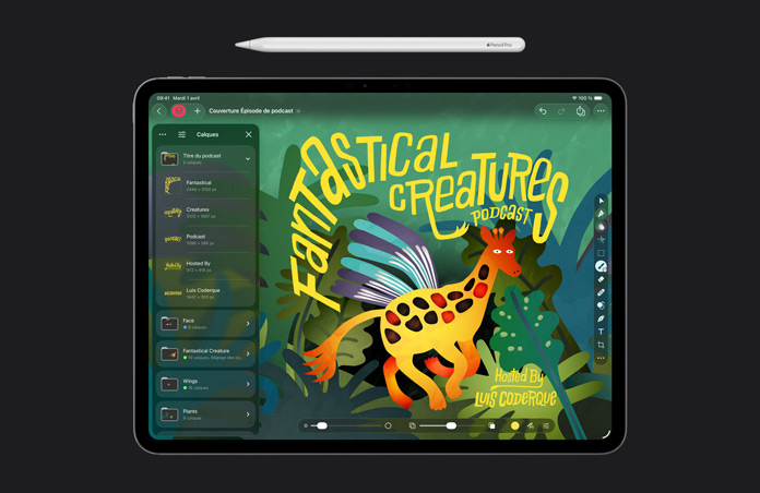 Apple Pencil, écran d’iPad Pro 13, Pixelmator Pro, illustration de la couverture d’un épisode de podcast, outil de superposition