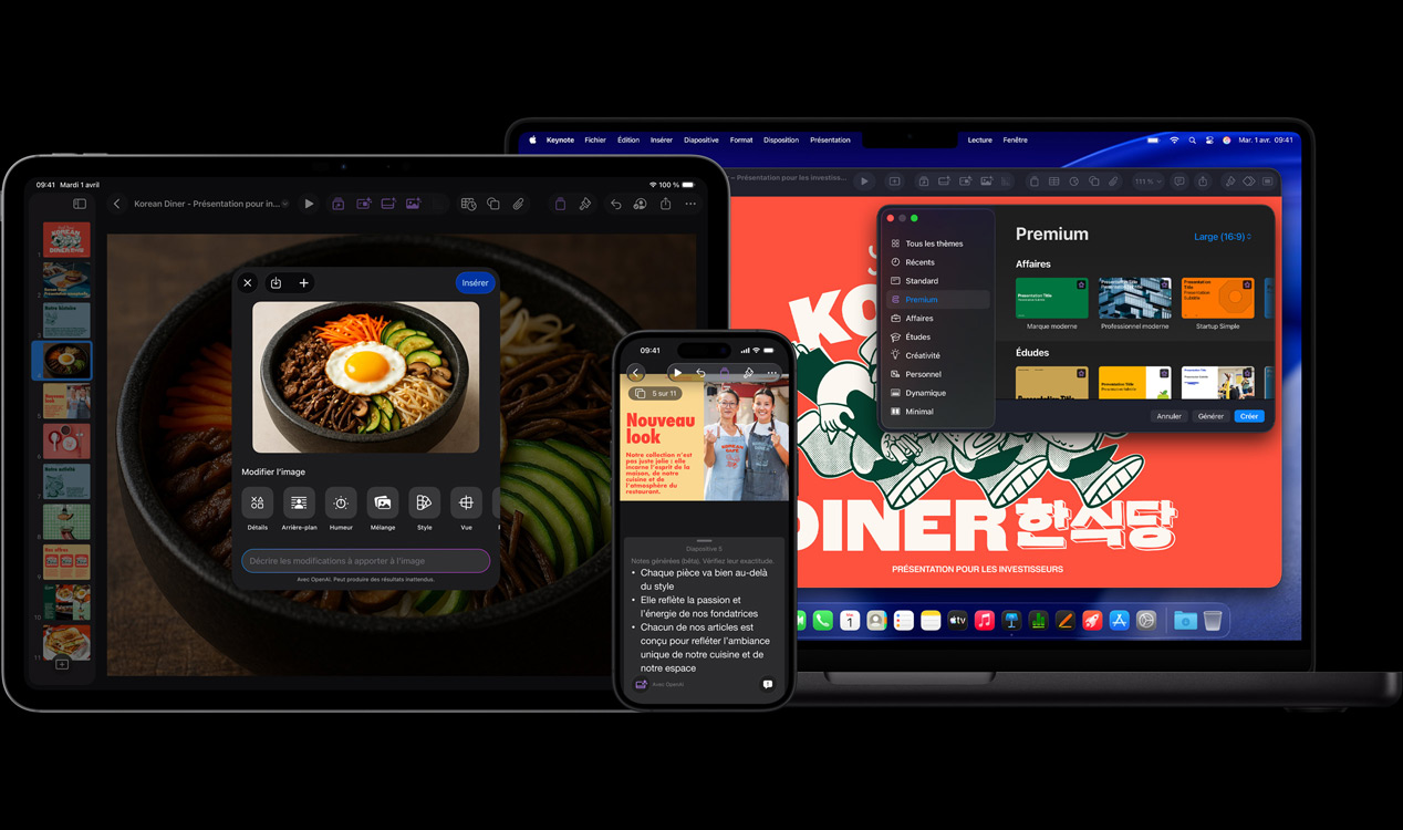 Écran de l’iPad Pro 13 affichant Keynote avec une image générée d’un bol de légumes et d’un œuf au plat, écran de l’iPhone 16 affichant Keynote avec une photo de deux femmes et des notes de présentation, écran du MacBook Pro 16 affichant une présentation Keynote avec la fenêtre des thèmes ouverte