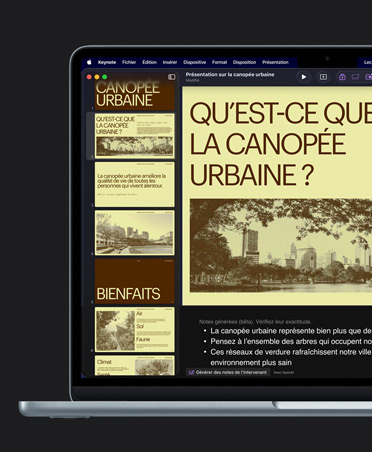 Écran de MacBook Air 13, Keynote, diapositive jaune intitulée Urban Canopy avec des images de bâtiments, notes de présentation générées par l’IA sous la diapositive