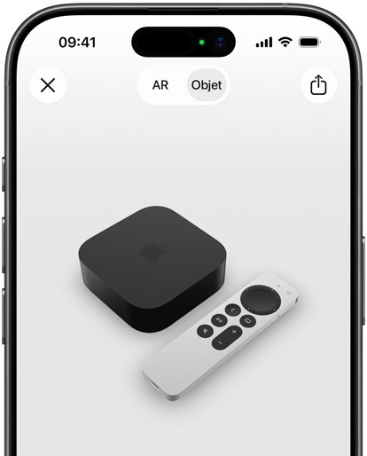 L’image présente l’Apple TV 4K en réalité augmentée sur l’écran d’un iPhone.