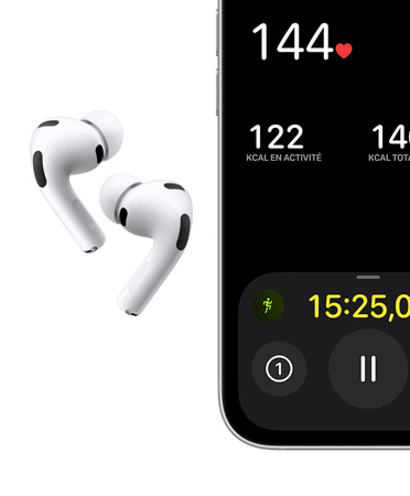 AirPods Pro 3, coloris blanc, écouteurs, embouts en silicone, micro, iPhone, exercice Course en plein air à l’écran