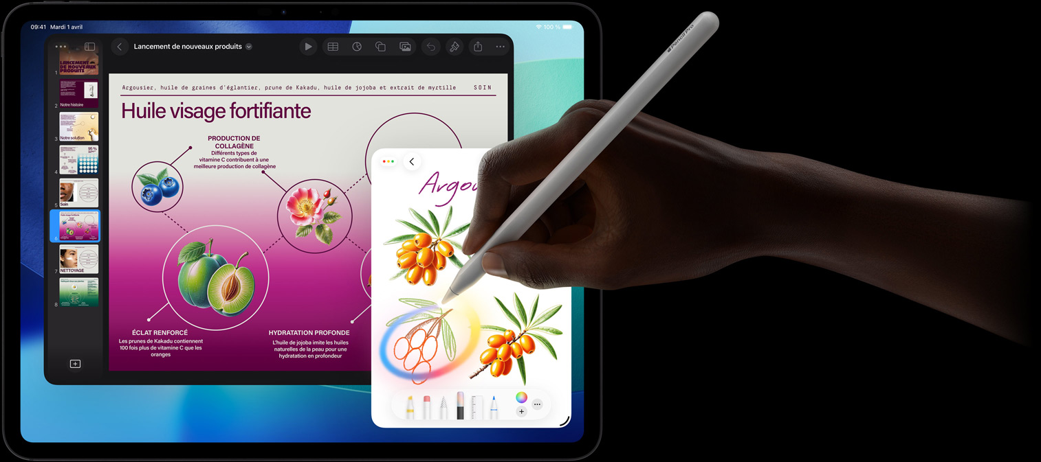 iPad Pro, écran avec fond dégradé bleu foncé et vert affichant plusieurs apps ouvertes, main tenant un Apple Pencil Pro encerclant un croquis montrant la fonctionnalité baguette graphique d’Apple Intelligence