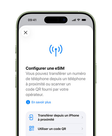 iPhone 17, face avant, fonctionnalité Activer le forfait cellulaire en cours d’utilisation pour transférer facilement un numéro de téléphone avec l’eSIM
