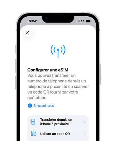 iPhone 17e, face avant, fonctionnalité Configurer une eSIM utilisée pour transférer un numéro de téléphone depuis un téléphone à proximité ou à l’aide d’un QR Code