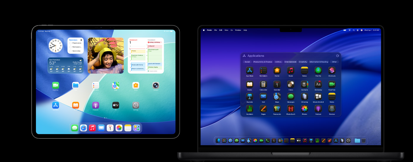 iPad 和 Mac 上顯示各式 app 圖像，iPad 上展示日曆、天氣和相片等各種小工具。Mac 的背景是 macOS Tahoe。
