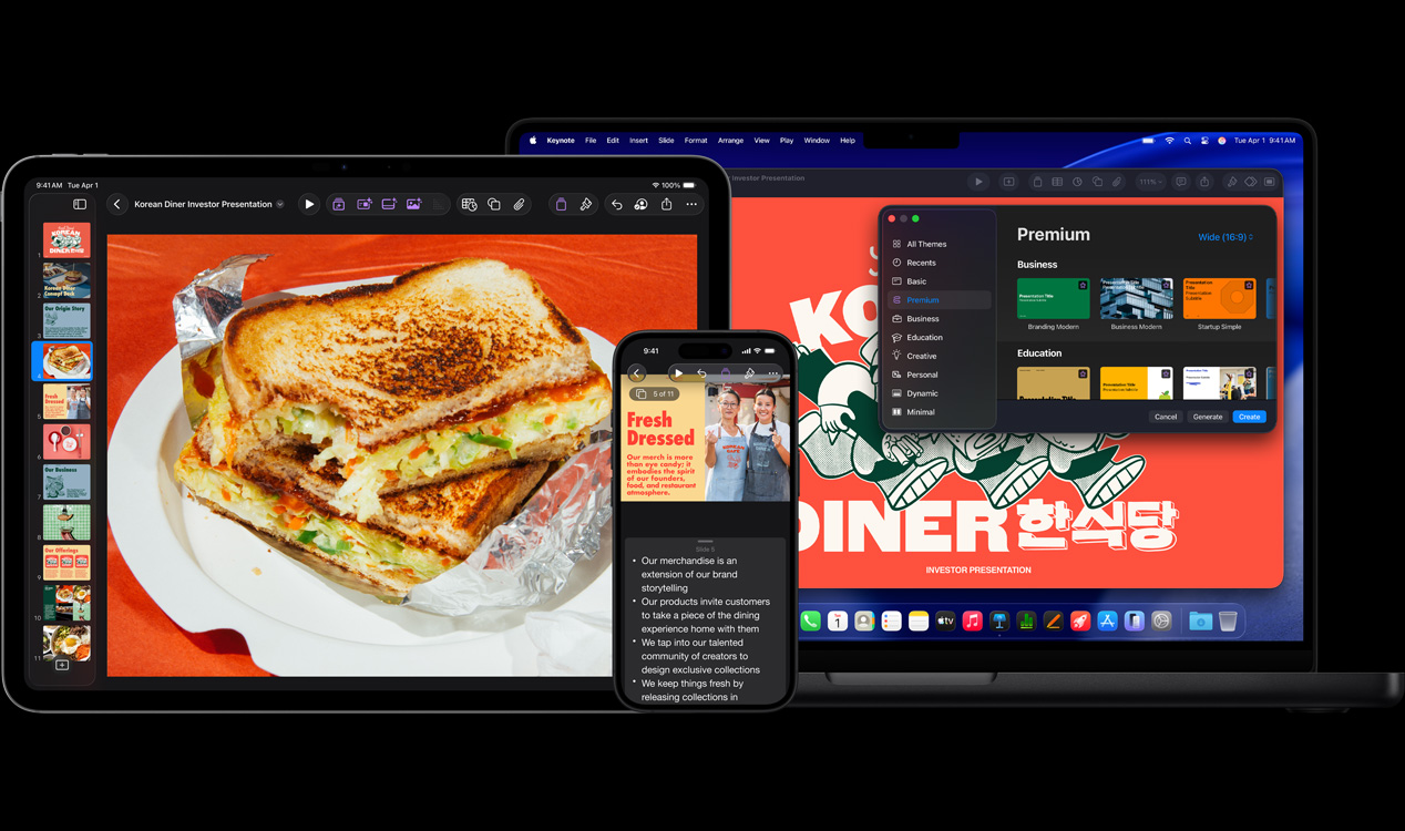 iPad Pro 13 screen showing Keynote with generative imagery of a bowl of vegetables and a fried egg, iPhone 16 screen showing Keynote with photo of two women and presenter notes, MacBook Pro 16 screen showing Keynote of a presentation with the Theme window open