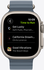 Apple Watch screen featuring a Fitness+ playlist including songs by Daft Punk, Chris Lorenzo and The Beach Boys.