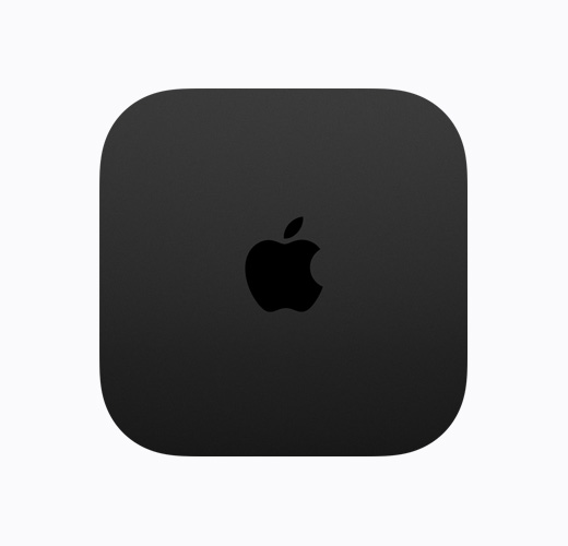 Apple TV 4K, black color, top exterior, glossy black Apple TV logo