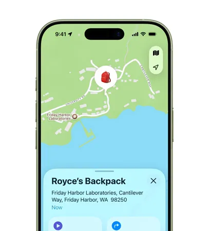 Find My feature in use, showing the location of a backpack