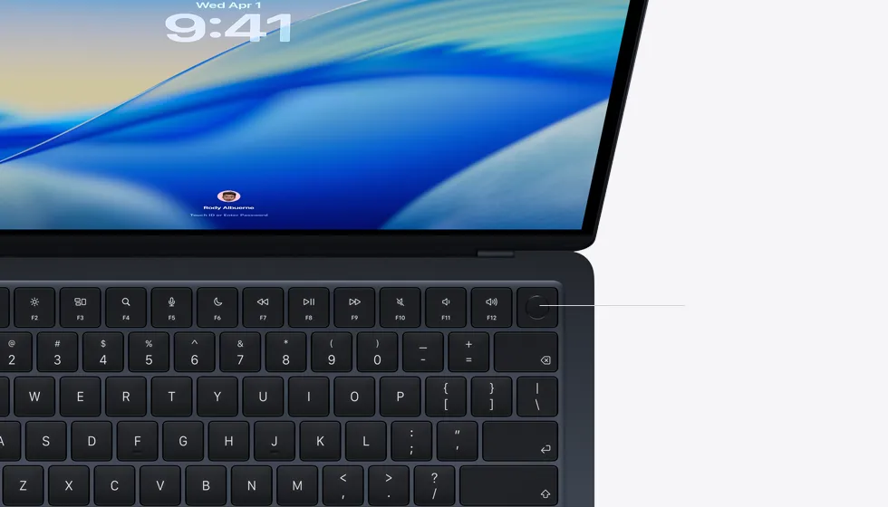 Open MacBook Air demonstrating the location of the Touch ID button