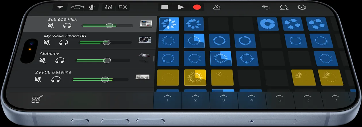 冰川色 iPhone 18 Pro，展示 Logic Pro 音樂製作 app 用户介面