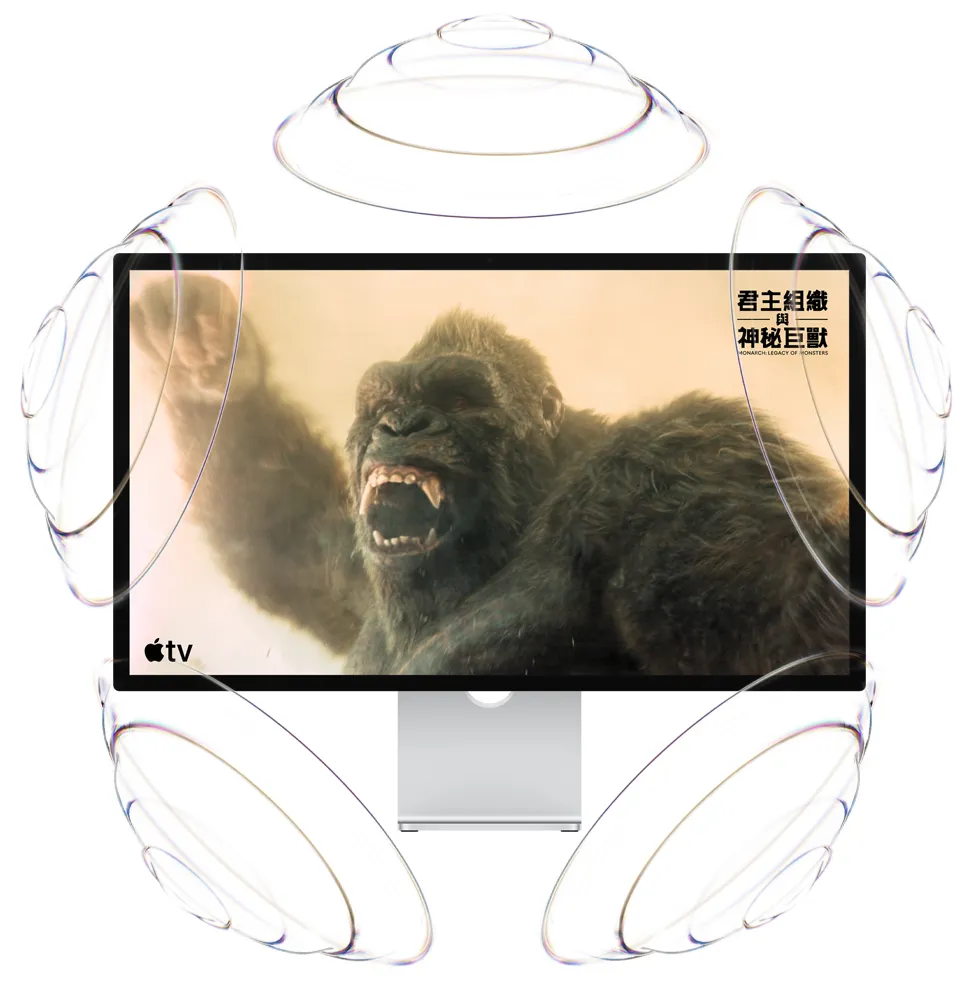 Apple TV 的宣傳圖，片名為《君主組織與神秘巨獸》(Monarch: Legacy of Monsters)，金剛在空中握拳咆哮