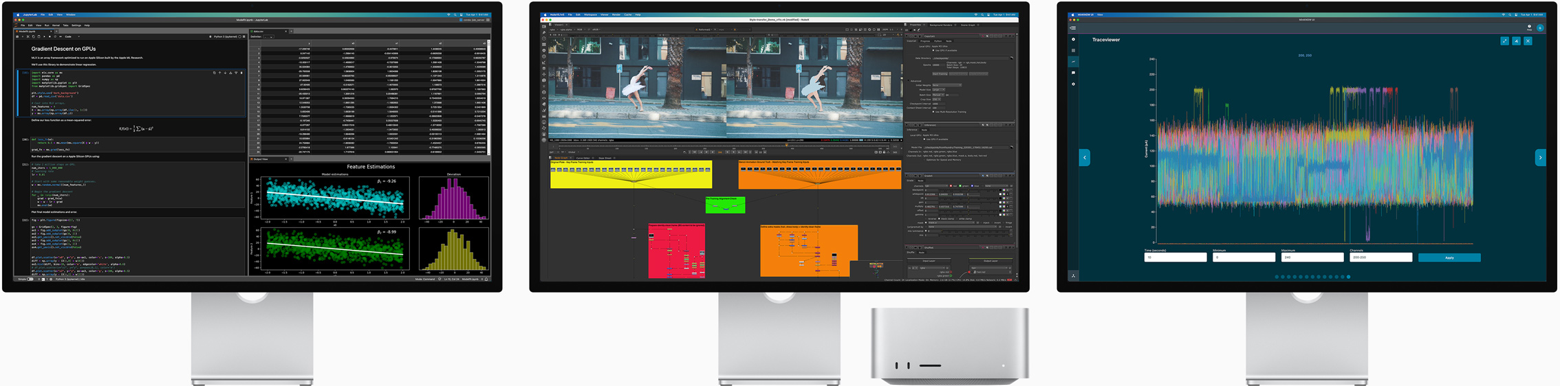 Mac Studio i tri zaslona Studio Display na kojima su prikazane različite macOS aplikacije