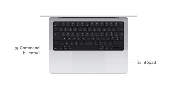 Egy 14 hüvelykes MacBook Pro felülnézetből a Command billentyű és az érintőpad elhelyezkedését jelző vonalakkal.