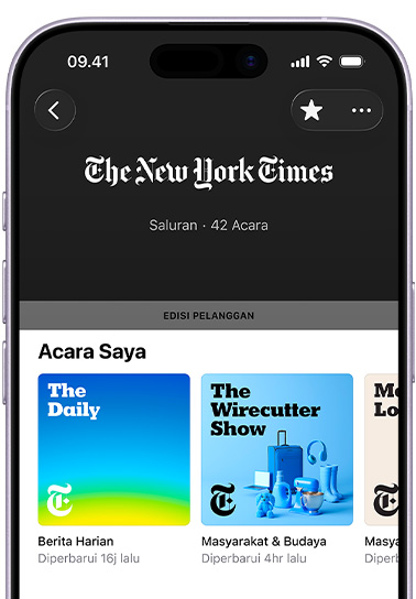 iPhone, eksterior depan, layar menampilkan saluran The New York Times di Apple Podcasts, teks di bawah ini berbunyi: 