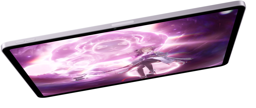 iPad Air dalam orientasi lanskap dan menampilkan video game, dua model iPad Air lainnya di bawah