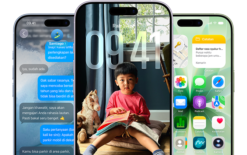 iPhone 17 devices, front exterior, colors: mist blue, lavender, sage, iOS features - Background with messages, Liquid Glass showing the Lock Screen and Home Screen with various apps displayed