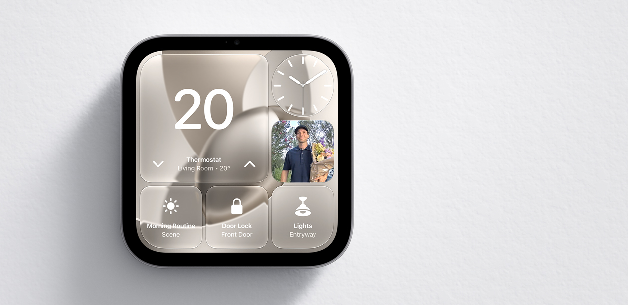 Apple HomeView, screen shows Home app with thermostat at 68 degrees, clock, front door camera feed, Morning Routine scene, door lock, and light controls