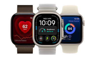 Apple Watch Series 12, aluminum case, dark bronze colour, screen shows heart health feature, Milanese Loop band, dark bronze color; Apple Watch Ultra 4, titanium case, natural colour, screen shows vitals, workout, readiness features, Ocean Band, translucent kelp color (pale brownish-green); Apple Watch SE 3, aluminum case, starlight colour, screen shows sleep score, Sport Band, sand colour (pale tan)