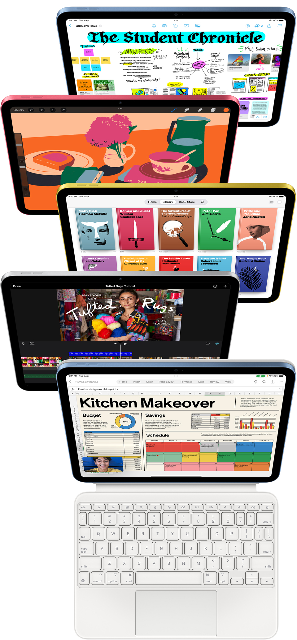 Front facing iPad screens show a variety of apps including Freeform, ProCreate, books, Morpholio Trace, and Excel.