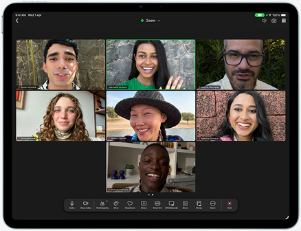 iPad Air, front exterior, Zoom call on the screen, multiple participants visible