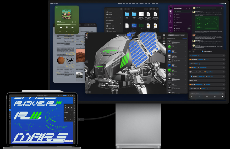 iPad Pro attached to Magic Keyboard, front exterior, all connected to external Mac Studio Display, iPad Pro display with graphic design app, vibrant colours and text, Studio Display showing various apps and a 3D model