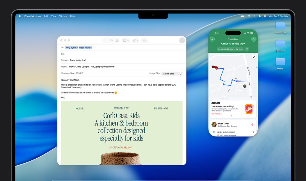 MacBook Pro, Mail app open, iPhone screen mirrored on MacBook Pro screen shows Uber Eats arriving