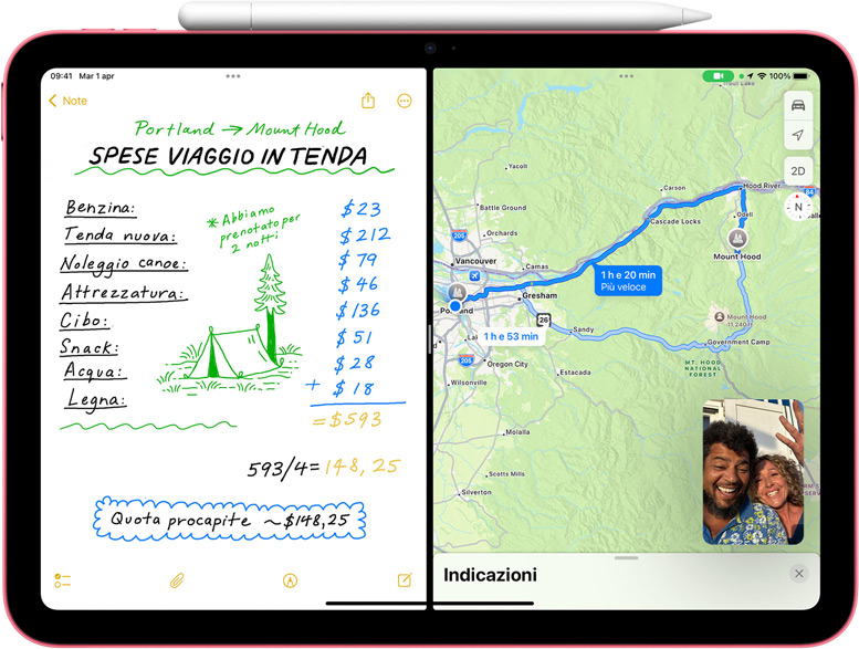 Una schermata di Mappe su iPad con una Nota matematica e FaceTime in modalità picture-in-picture