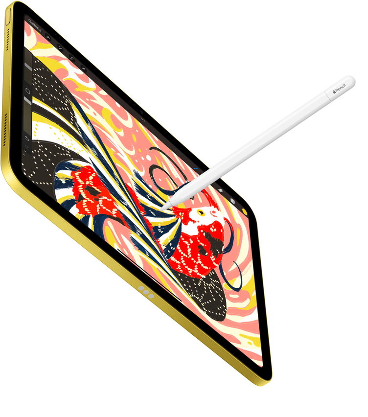 Un iPad che mostra un’immagine colorata di un pesce nell’app Procreate, con un’Apple Pencil che disegna sul display