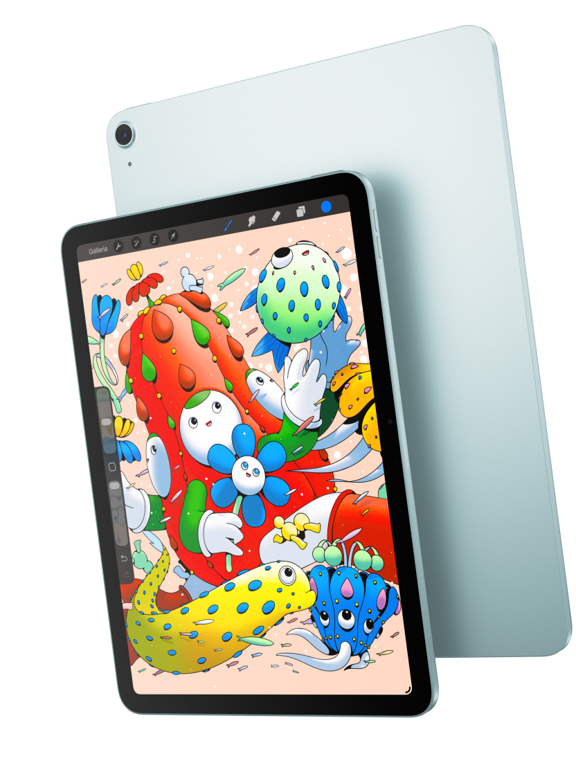 Un iPad Air 11 pollici mostrato di fronte con l’app Procreate, sovrapposto a un iPad Air blu mostrato da dietro