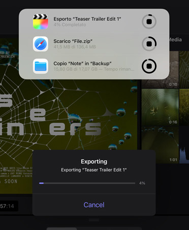 Una notifica delle attività in background che mostra lo stato di avanzamento di un’esportazione di un video, il download di file e lo spostamento della cartella Note nella cartella Backup