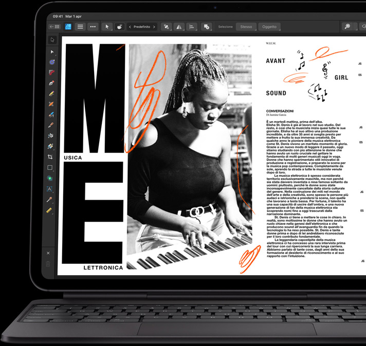 Un iPad Pro nero siderale in orizzontale visto di fronte, agganciato a una Magic Keyboard nera aperta; il display dell’iPad Pro mostra che l’utente sta modificando un articolo
