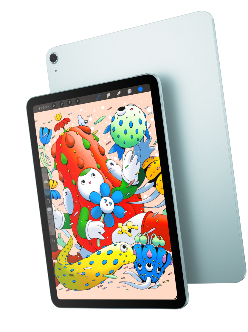 背面の外観が見えているブルーのiPad Airの手前に重なった、iPad Airの前面の外観。Procreateが表示された11インチモデルを紹介している