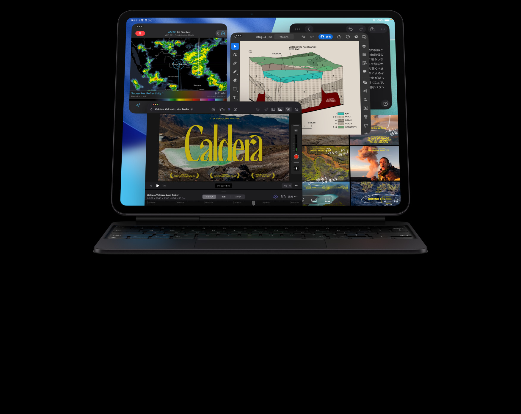 iPad Proの前面の外観、横向き、カラーはスペースブラック。スペースブラックのMagic Keyboardが取りつけられている。ディスプレイには複数のアプリのウインドウが表示されている。複数のビデオを編集する機能とタイムラインを備えたFinal Cut Pro、マップ、メモ、メディアクリップなどが見える