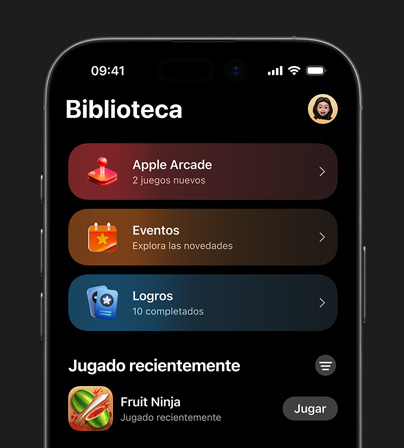 Imagen de la pestaña Biblioteca de Apple Games en un iPhone 17 Pro