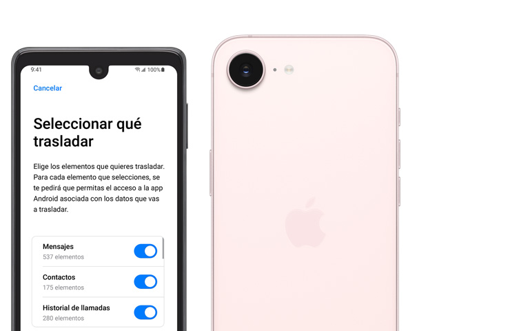 Vista frontal de un smartphone Android y vista posterior de un iPhone 17e rosa pálido